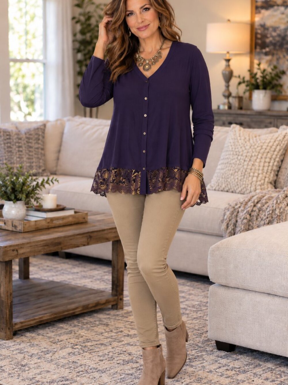 LOGO by Lori Goldstein Lg Slve V-Neck ButtonUp Navyish Purple Tunic w/Lace Hem L